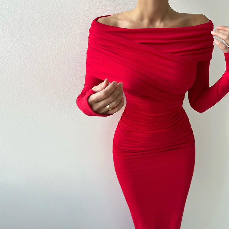 Off Shoulder Wrap Ruched Long Sleeve Bodycon Midi Dress