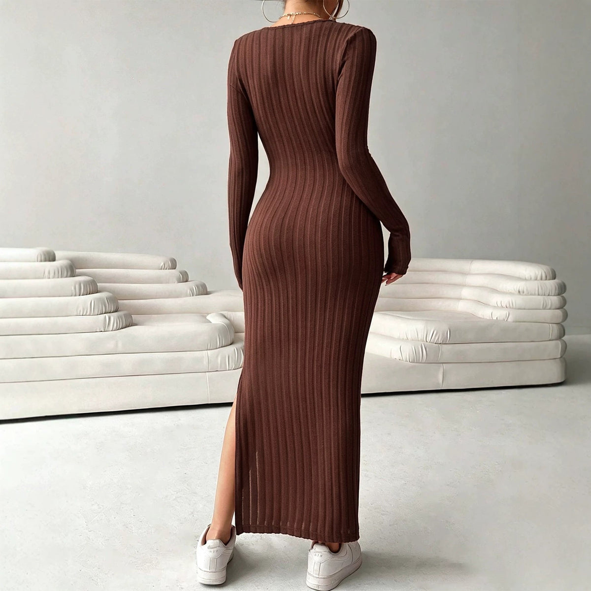 Ribbed Knit Wrap V-Neck Long Sleeve Side Split Bodycon Maxi Dress 2
