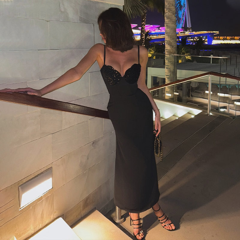 Sequin Sweetheart Spaghetti Strap Bustier Fishtail Midi Dress