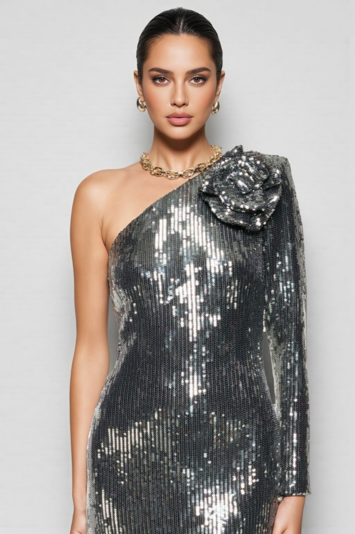 Sequin One Shoulder Long Sleeve 3D Flower Maxi Gown