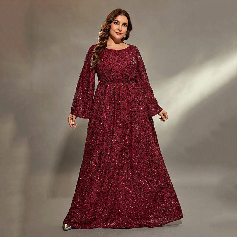 Sequin Long Sleeve Round Neck Ruched Waist A-Line Maxi Gown - View 2
