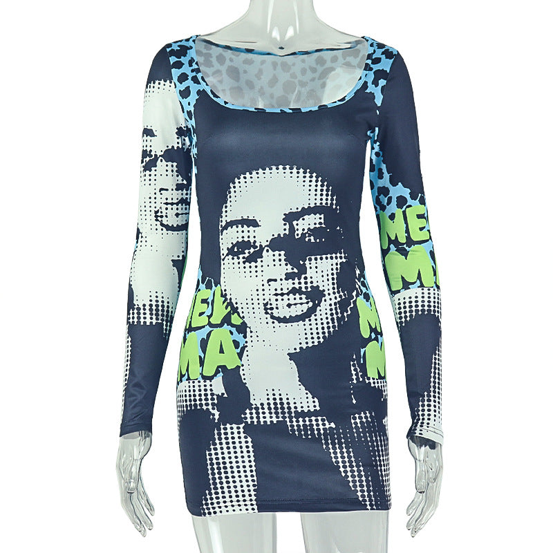 Face Graphic Print Scoop Neck Long Sleeve Bodycon Mini Dress 2