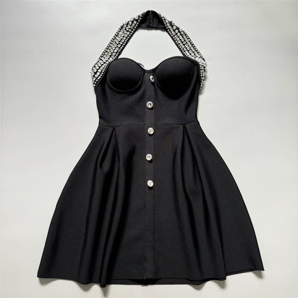 Halter Deep V-Neck Diamond Button A-Line Midi Dress - View 4