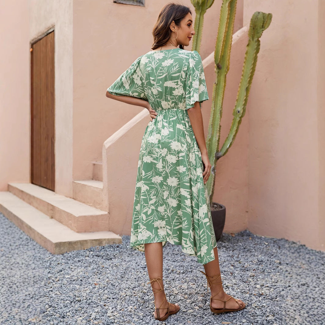 V-Neck Flutter Sleeve Floral Fit and Flare Midi Dress
