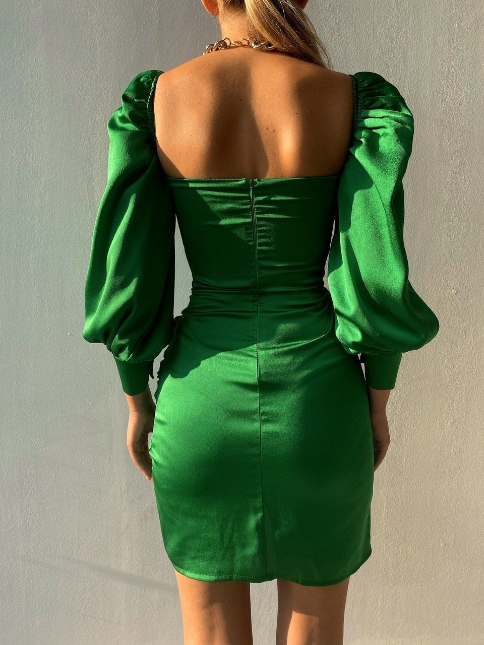 Elyssa Satin Ruffle Mini Dress - Emerald