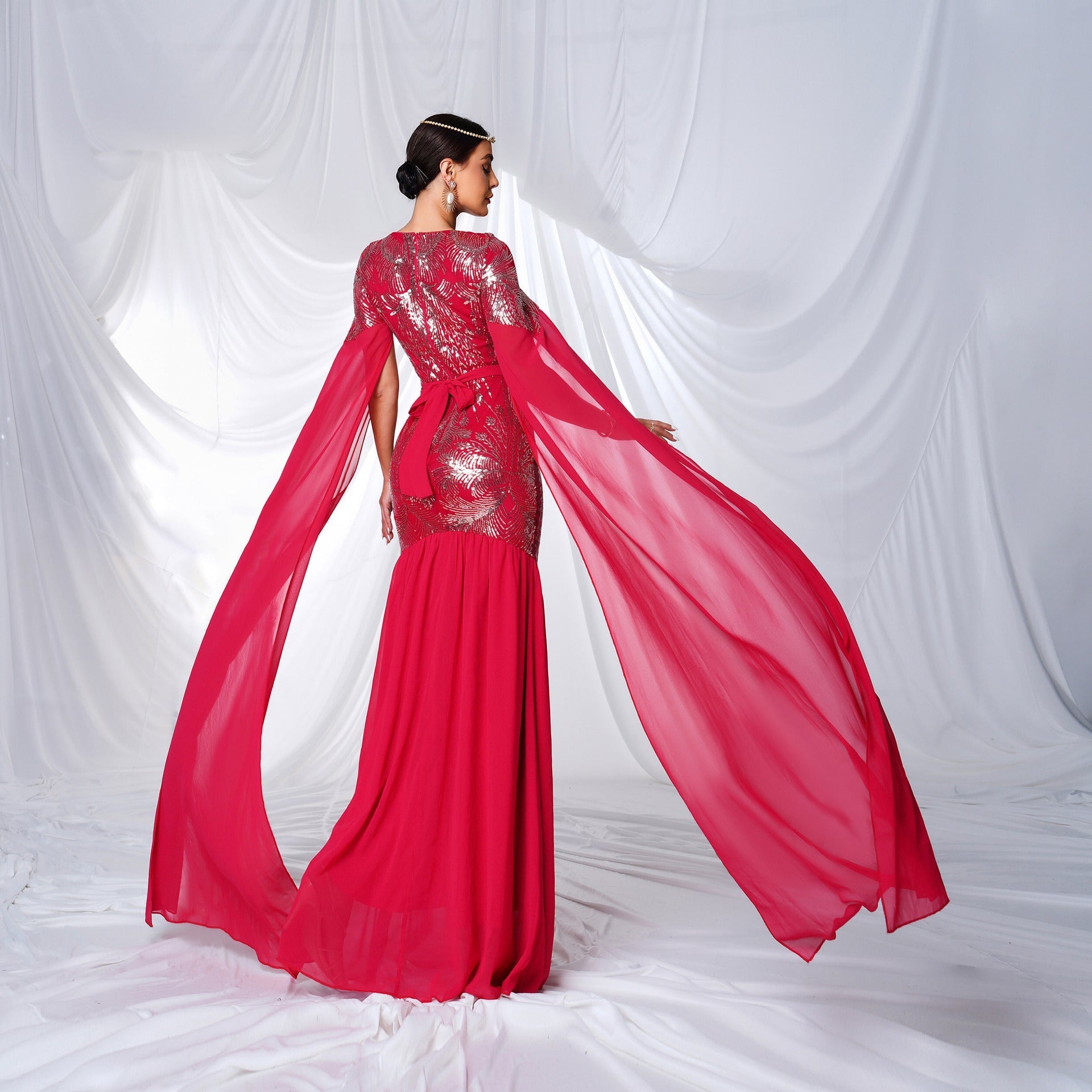 Sequin Round Neck Cape Sleeve Beaded Mermaid Evening Gown