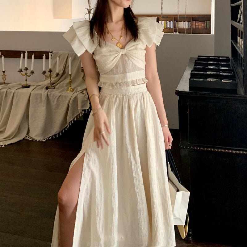 Ruffle Sleeve Bow Front Crop Top and High Split Maxi Skirt Two Piece Set 2