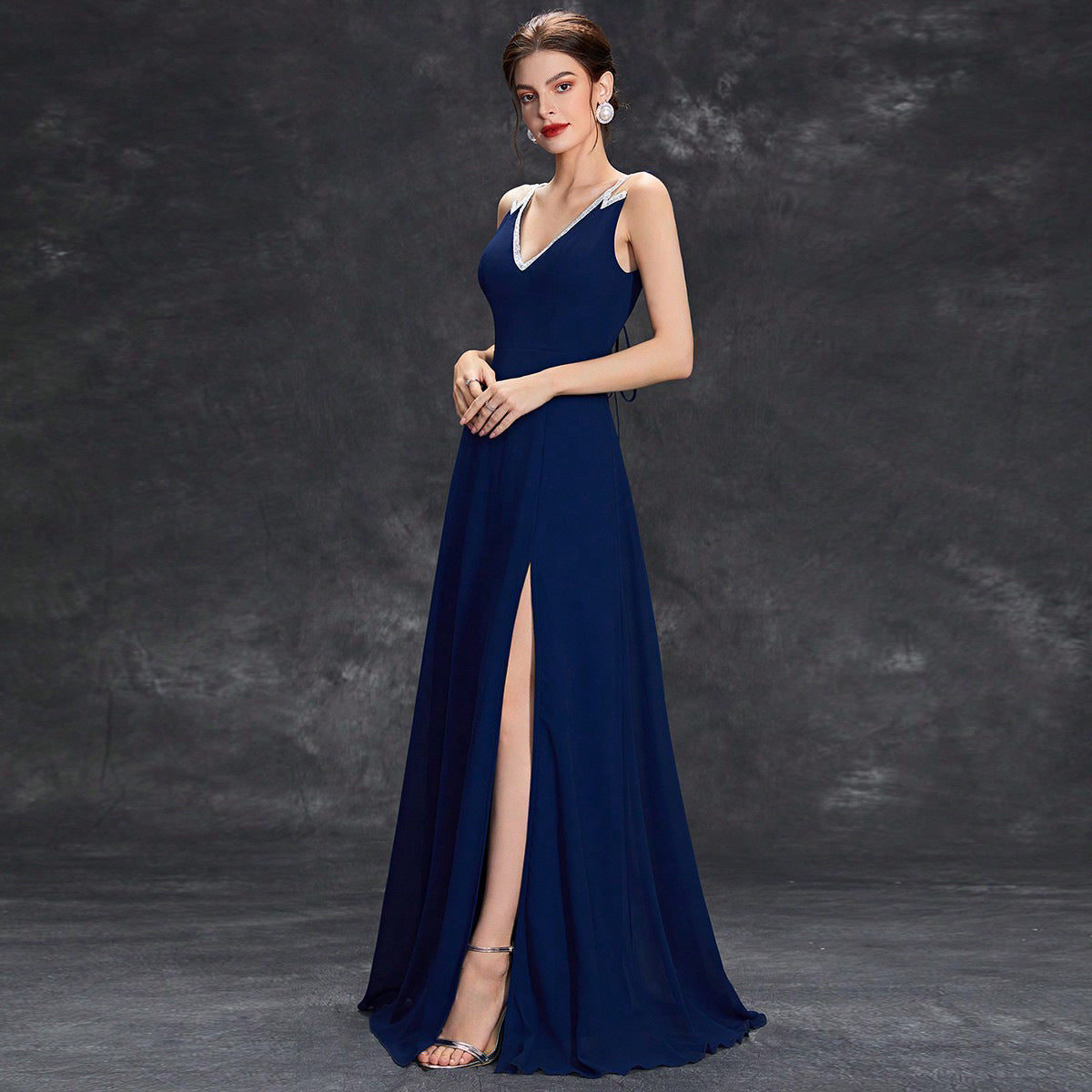 Chiffon Deep V-Neck Sleeveless Beaded High Split A-Line Maxi Prom Dress