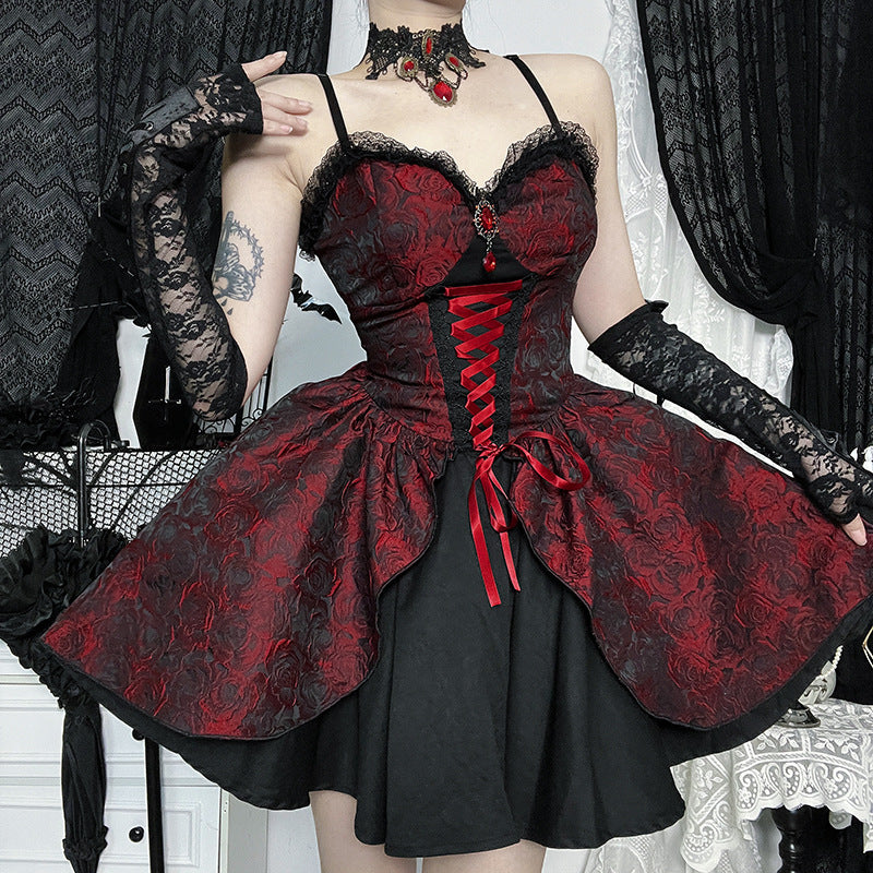 Rose Jacquard Lace Up Corset Layered Mini Dress