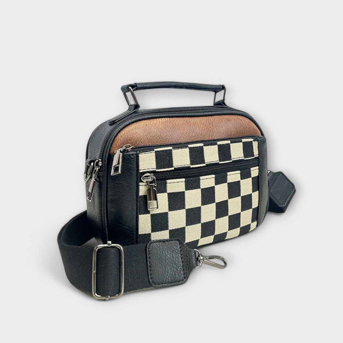 Checkerboard Print Top Handle Crossbody Bag