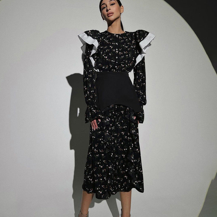 French Design Long Sleeve Dress Detachable Waist Seal Casual Floral Dress