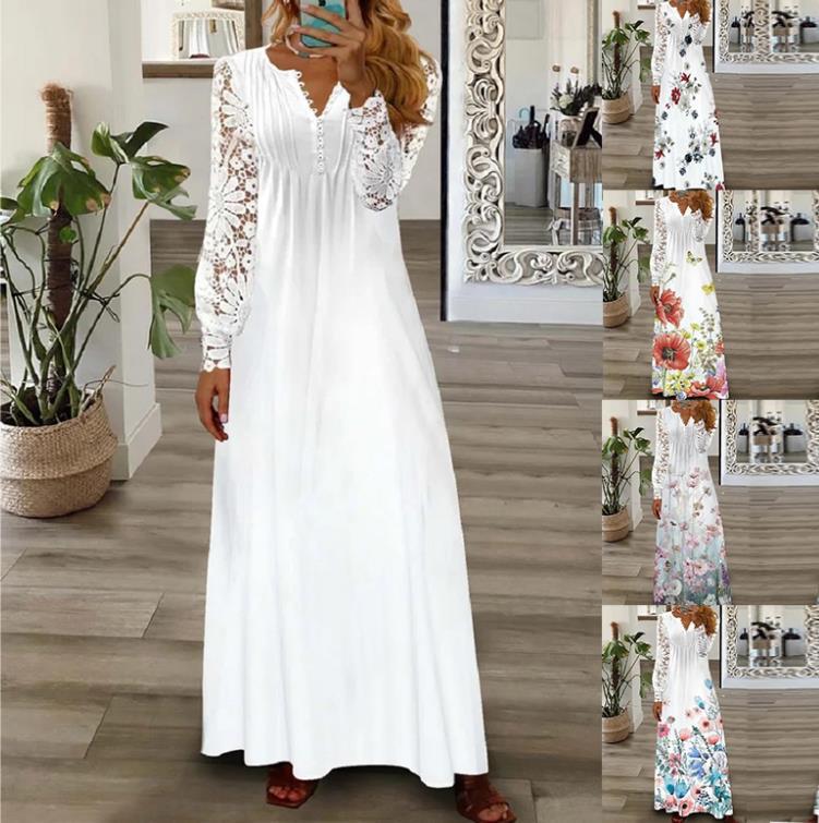Lace Sleeve V-Neck Long Sleeve Pleated Maxi Dress
