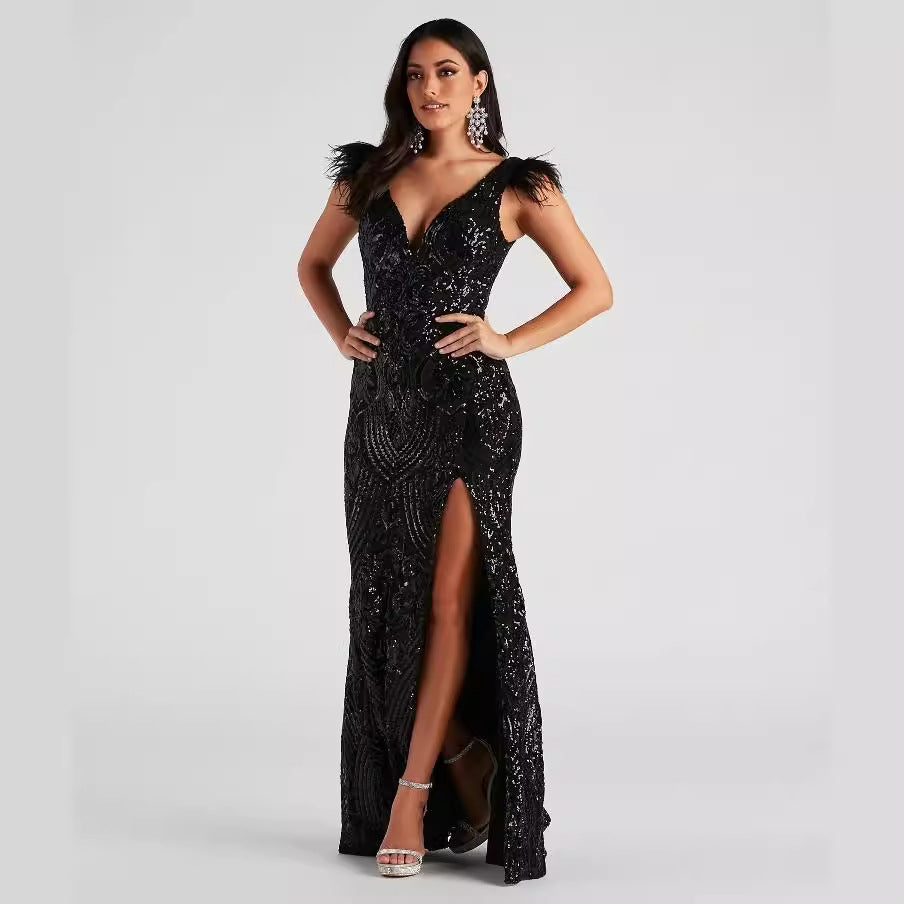Sequin Feather Shoulder Plunge V-Neck High Split Evening Gown 3