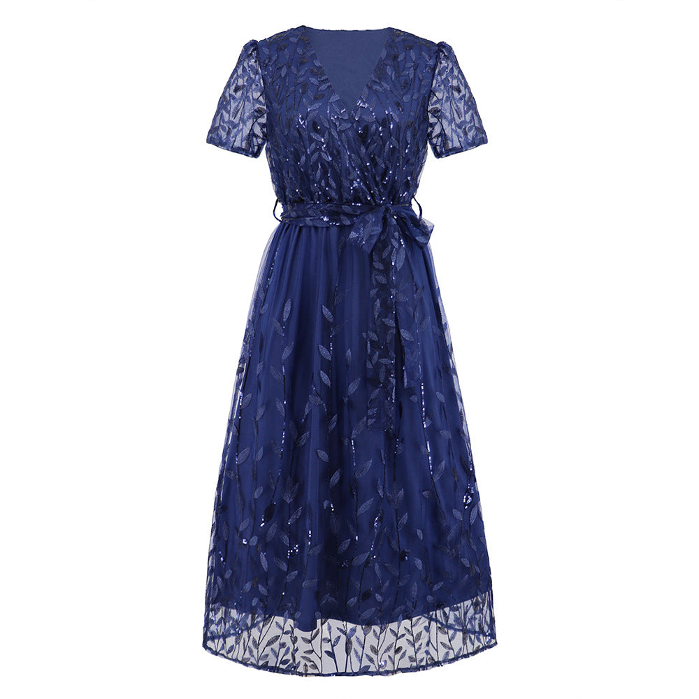 Mesh Embroidered Leaf Sequin V-Neck Wrap Tie Waist A-Line Midi Dress