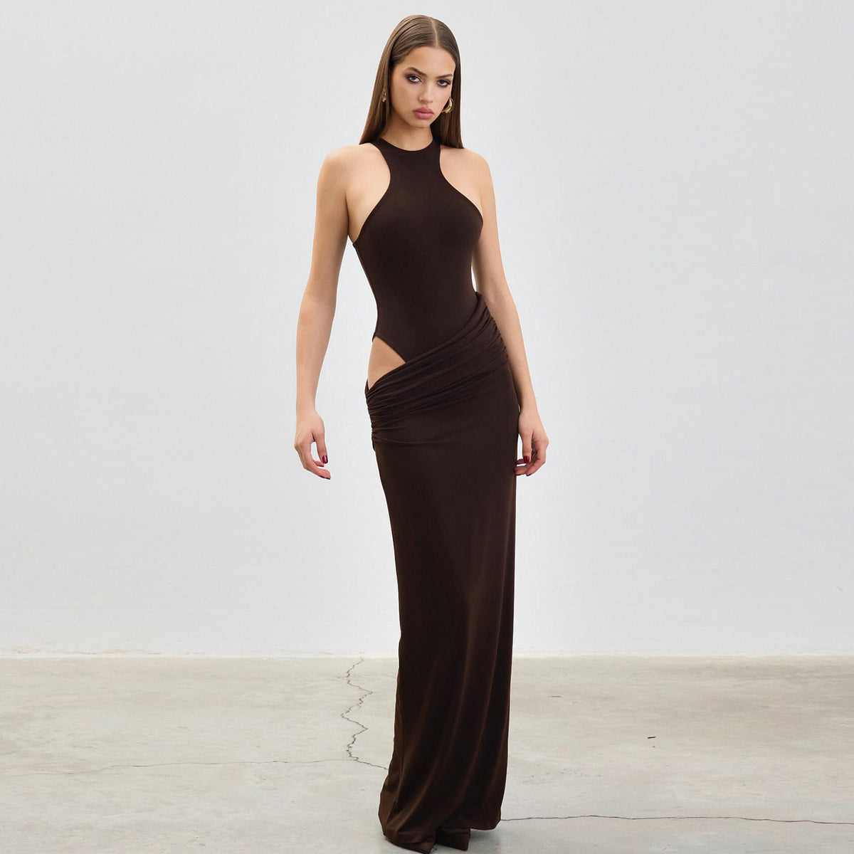 Halter Neck Sleeveless Hip Cut Out Ruched Waist Column Maxi Dress