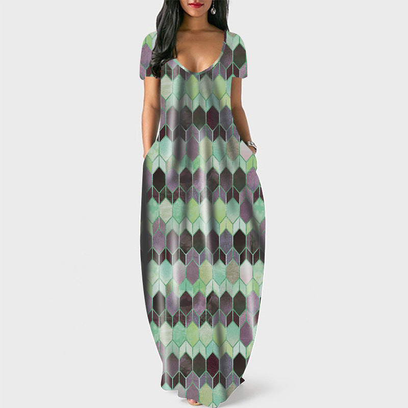 Geometric Print Scoop Neck Short Sleeve Pocket Cocoon Maxi Dress 3