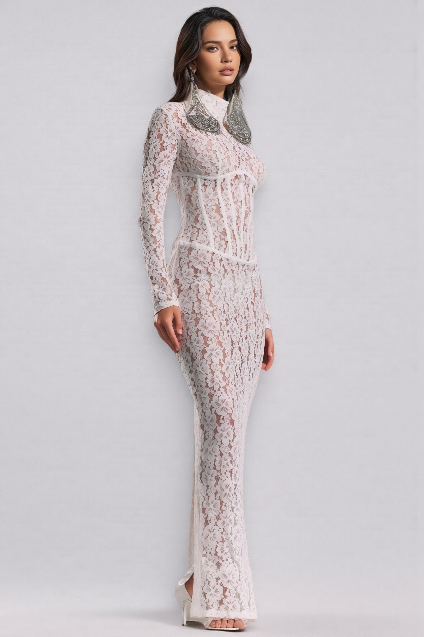 Davina White Lace Floral Maxi Dress - View 2