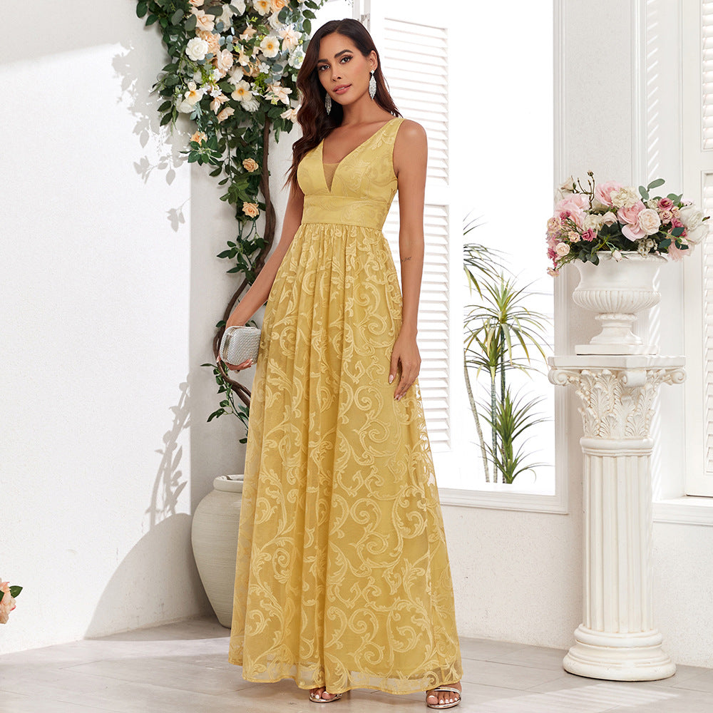 Lace Double V-Neck Sleeveless A-Line Maxi Dress