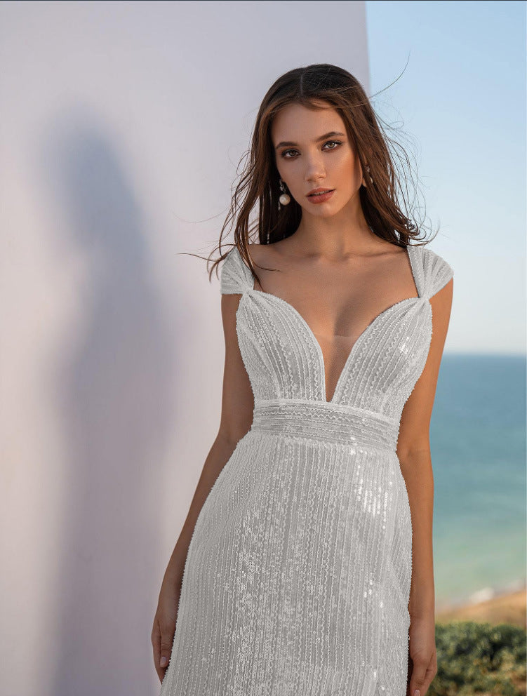 Sequin Deep V-Neck Wrap Waist High Split Train Maxi Gown