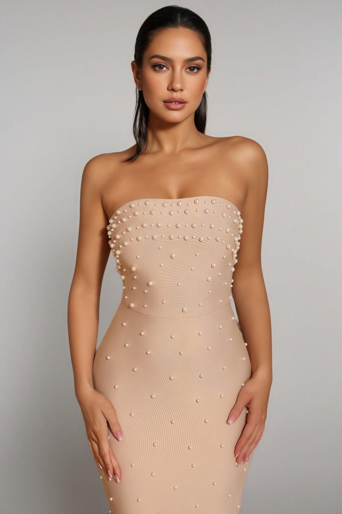 Strapless Faux Pearl Embellished Bandage Bodycon Maxi Dress 5