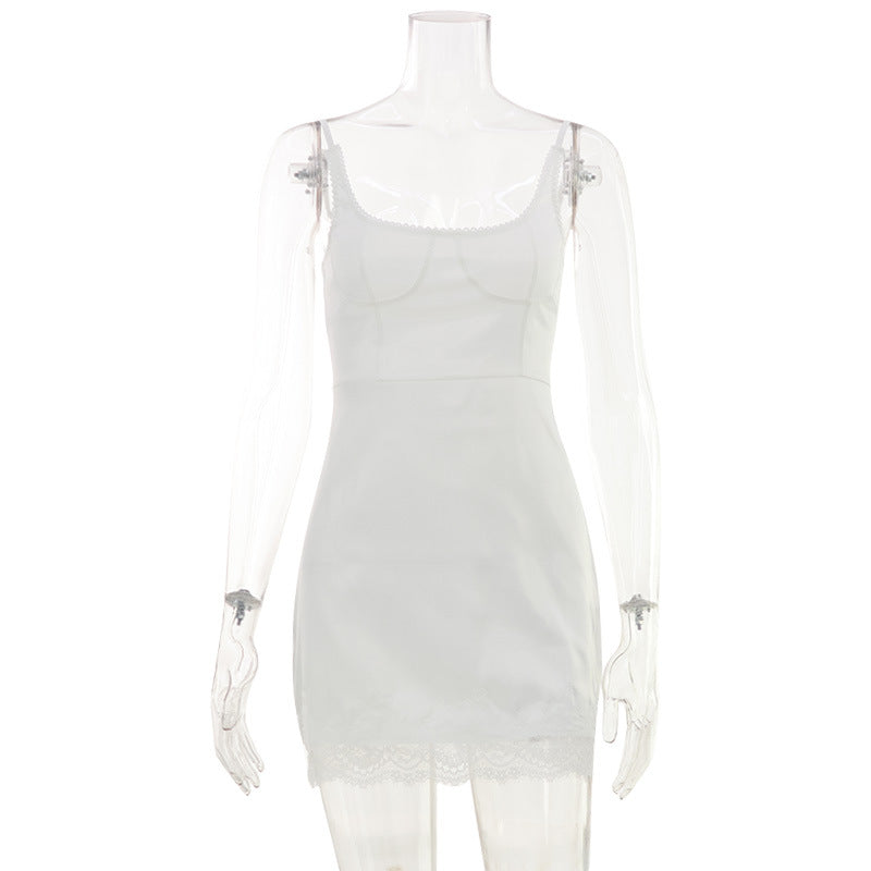 Satin Lace Trim Scoop Neck Spaghetti Strap Seamed Bodice Mini Slip Dress 2