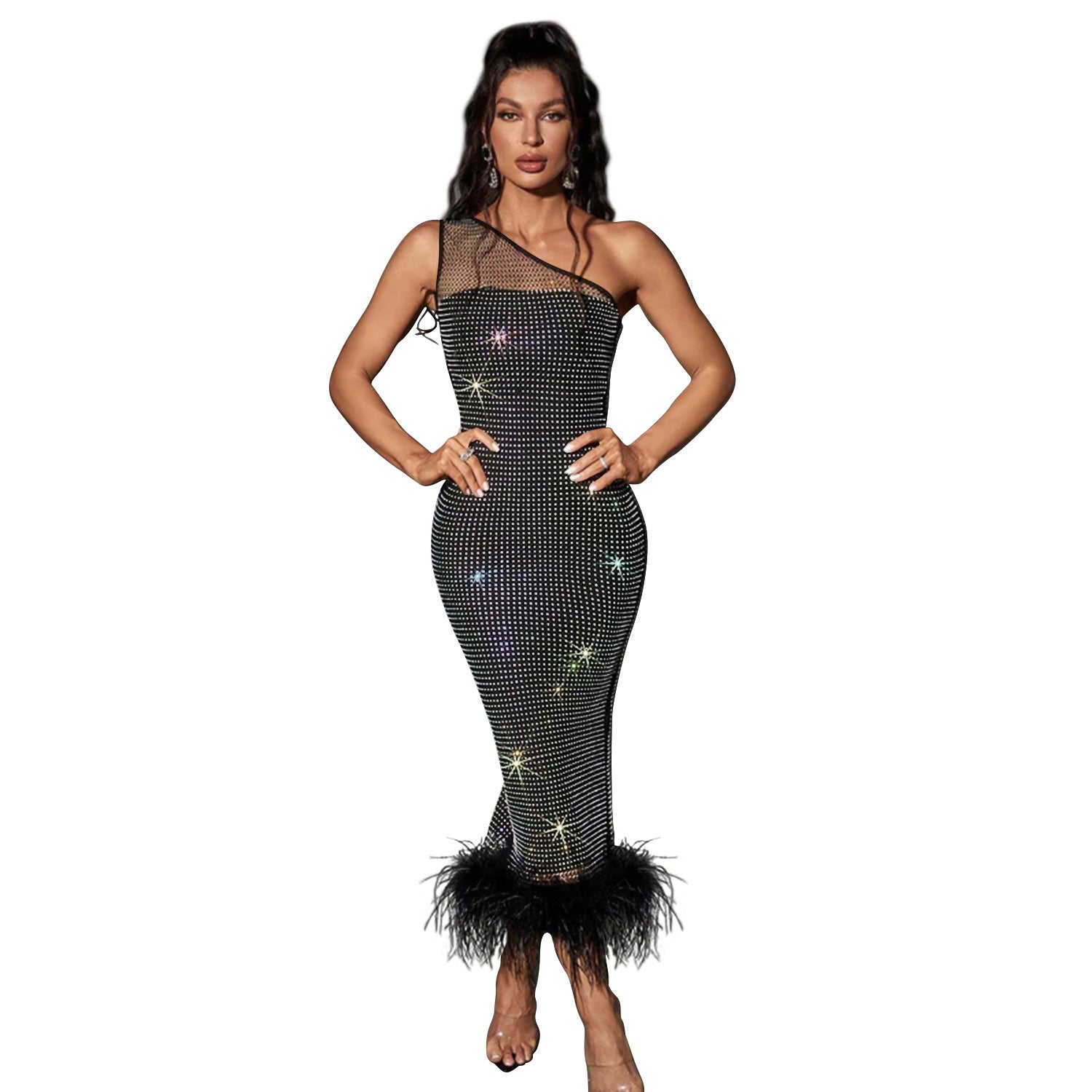 Women Wear Single Shoulder Mesh Rhinestone Feather Bandage One Piece Dress - View 3