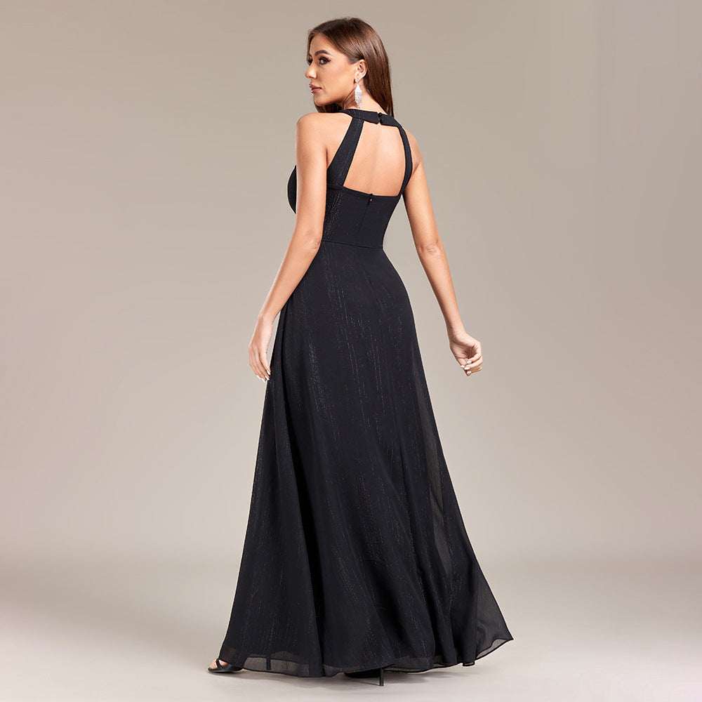 Halter Neck Pleated Waist Chiffon A-Line Maxi Gown
