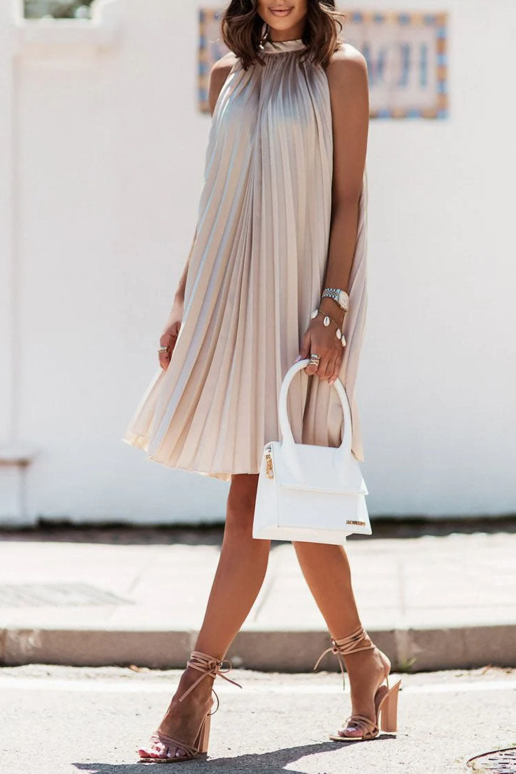 Satin Crinkled Sleeveless Stand-Neck Dress