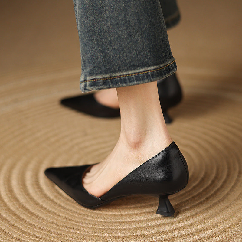 Pointed Toe Slip On Flared Kitten Heel Pumps