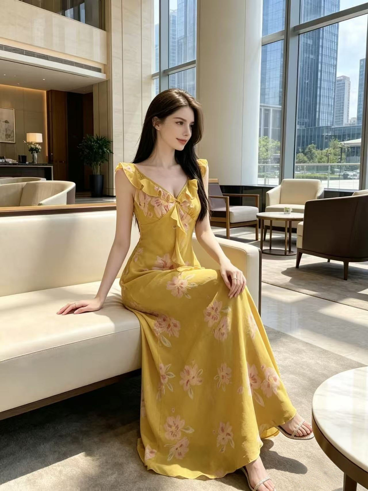 Floral Print Chiffon V-Neck Ruffle Trim Sleeveless Maxi Dress 2