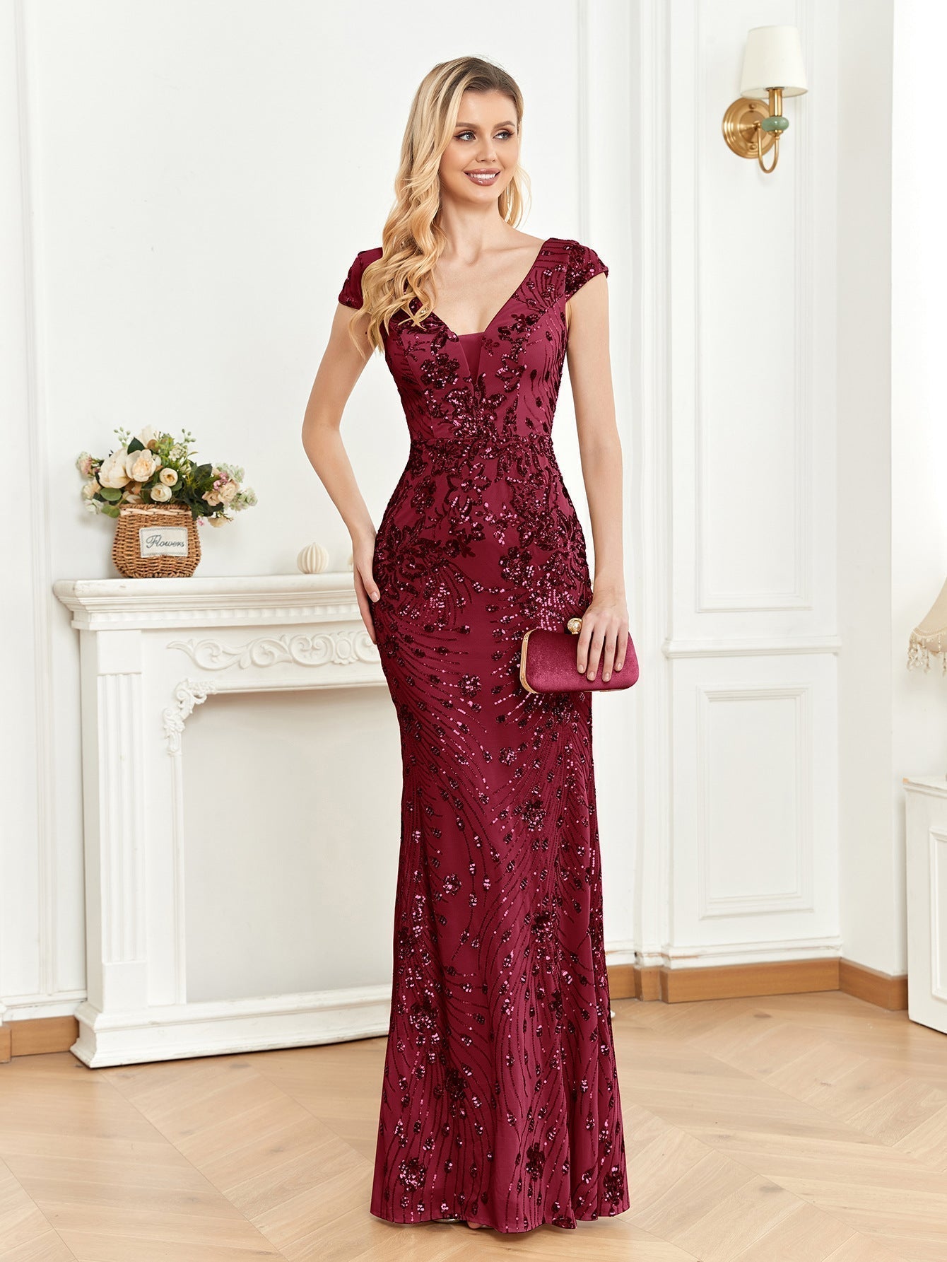 Sequin V-Neck Cap Sleeve Mermaid Evening Gown