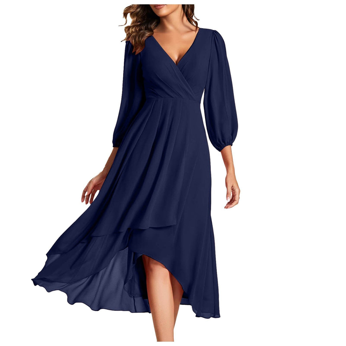 Chiffon Wrap V-Neck Puff Sleeve High Low Midi Dress