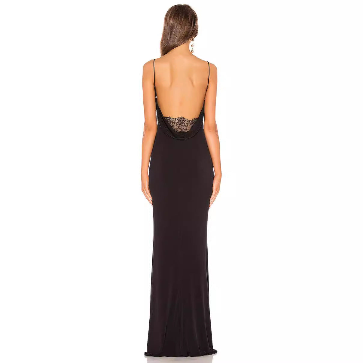 Spaghetti Strap Backless Lace Panel Cowl Back Column Maxi Gown