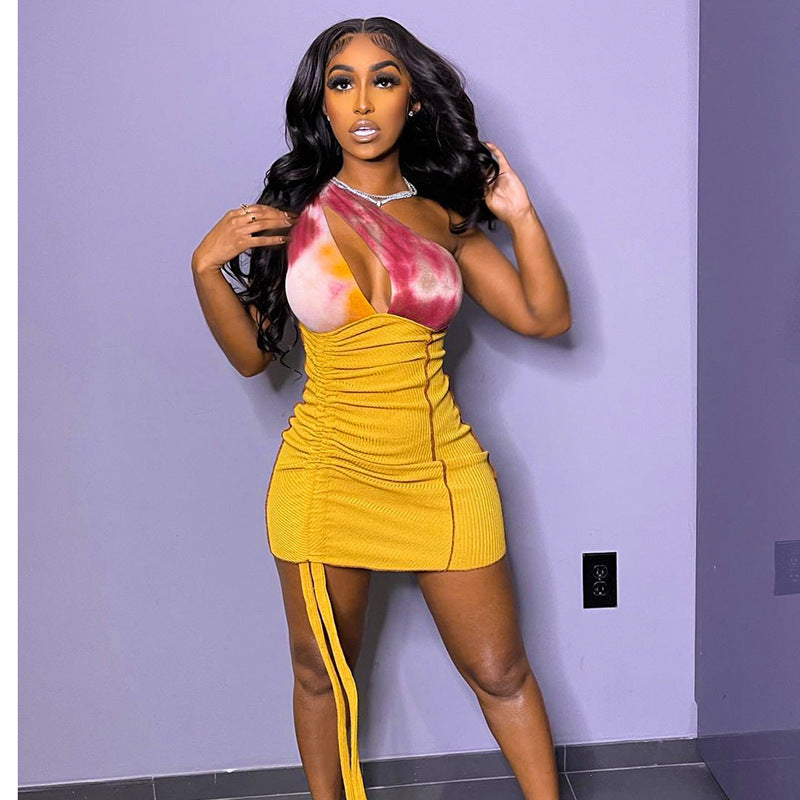 One Shoulder Cut Out Ruched Drawstring Hem Bodycon Mini Dress