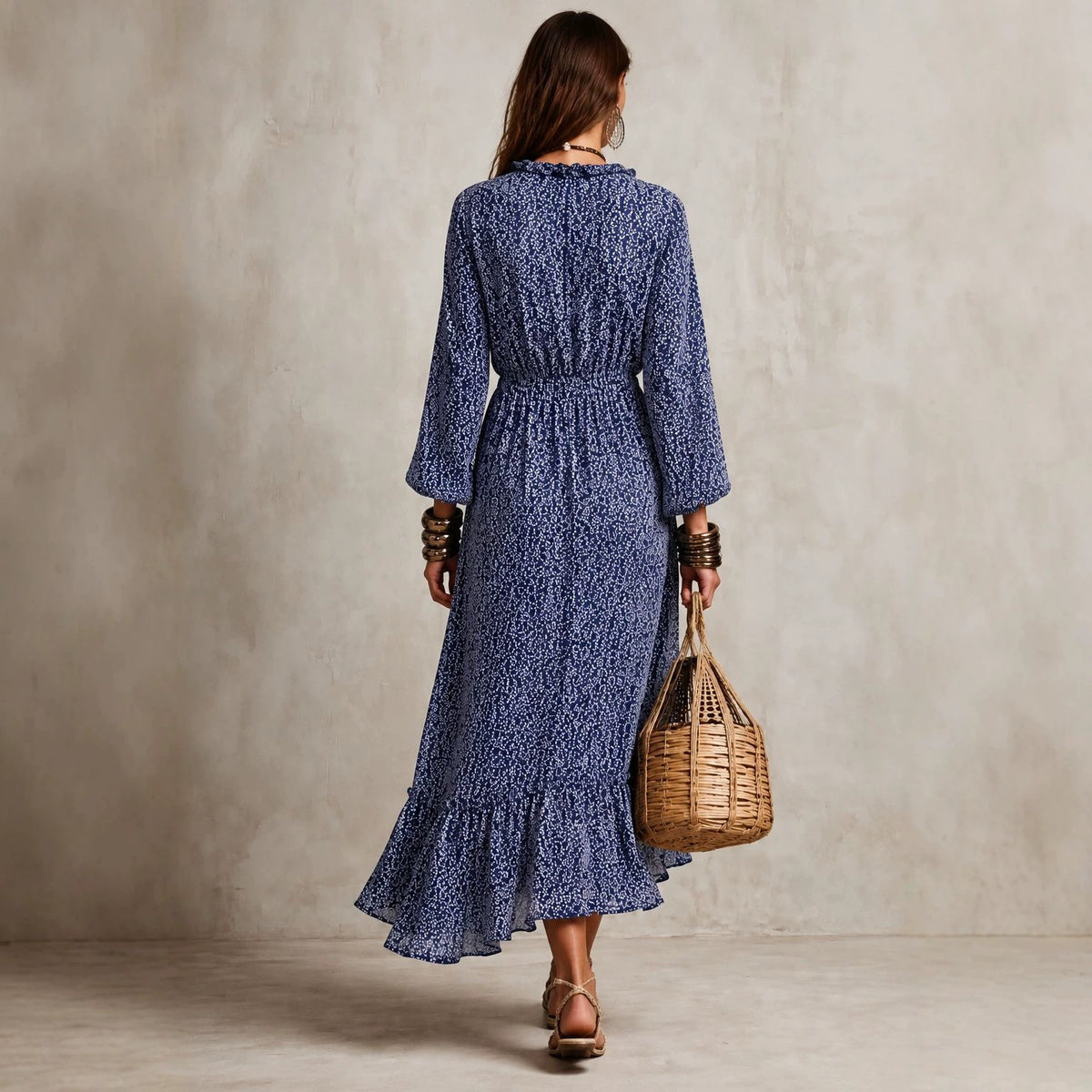 Autumn Women Clothing Long Sleeve V neck Floral Long Sleeve Dress