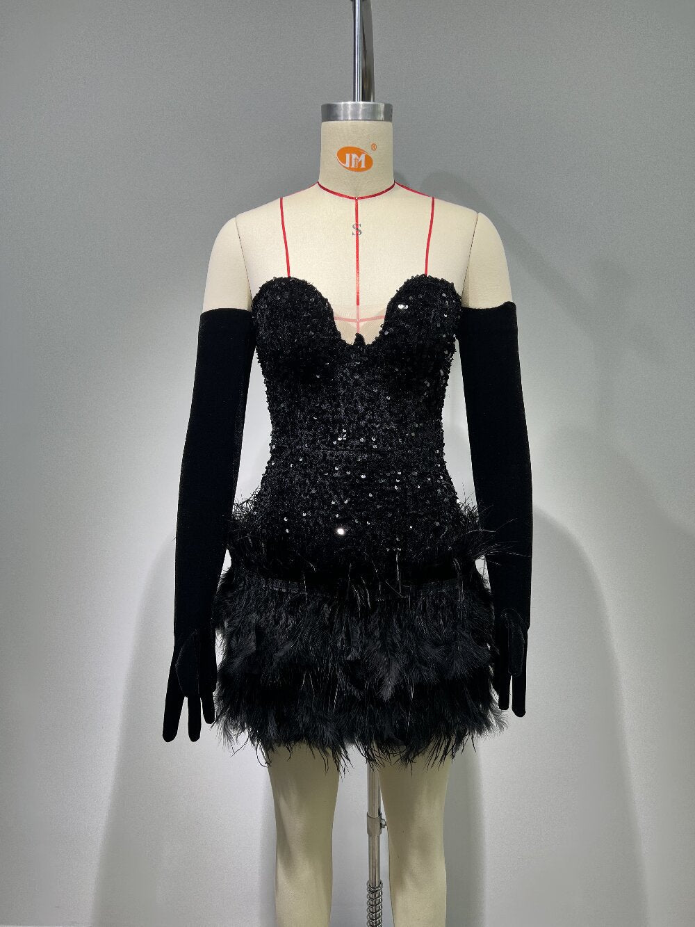 Sequin Strapless Feather Trim Bodycon Mini Party Dress