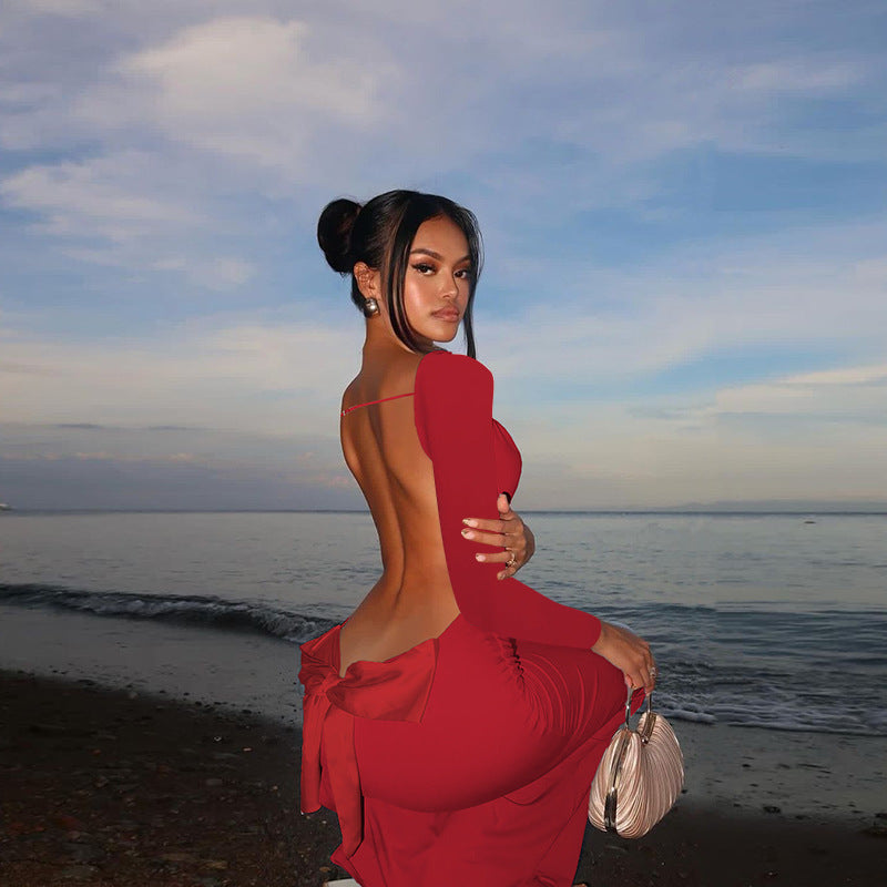 Long Sleeve Scoop Back Backless Bow Back Bodycon Maxi Dress 2