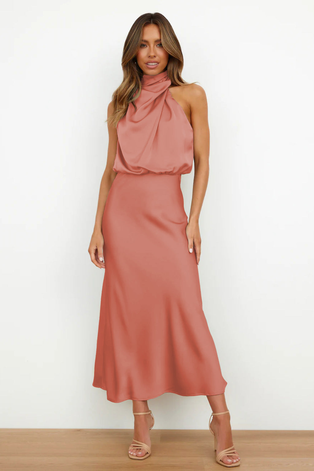 Halter Neck Blouson Bodice Sleeveless Bias Cut Midi Dress