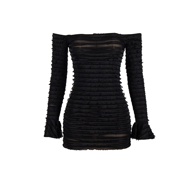 Off Shoulder Ruffle Textured Mesh Flared Long Sleeve Ruched Bodycon Mini Dress 2