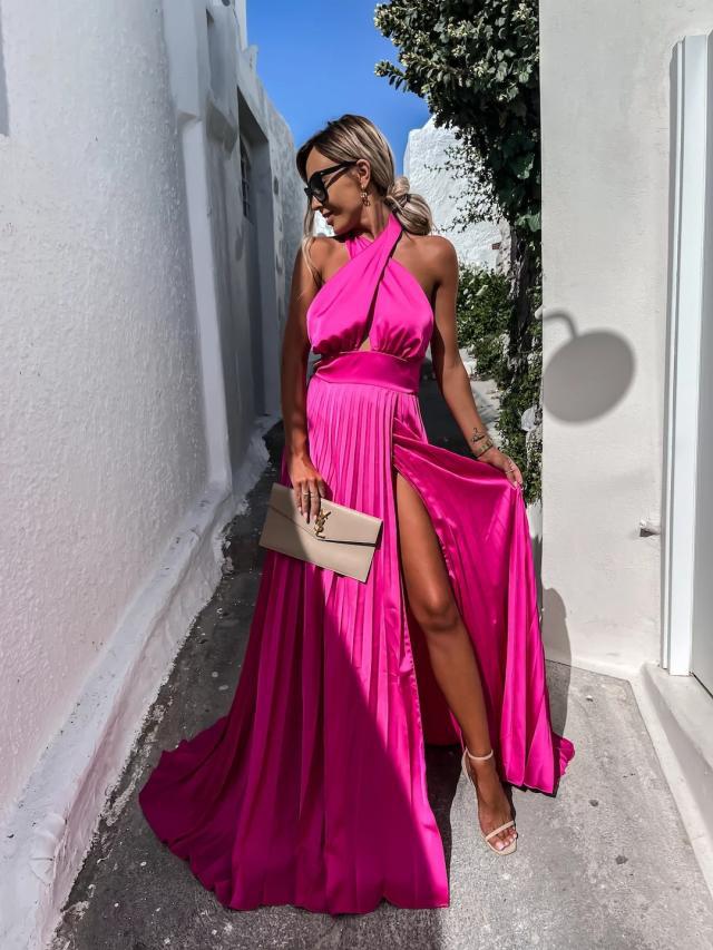 Daffy Backless Halter Maxi Dress Fuchsia