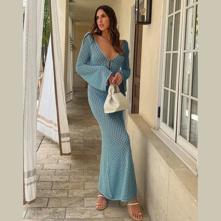 Open Knit Crochet Deep V-Neck Keyhole Bell Sleeve Bodycon Maxi Dress