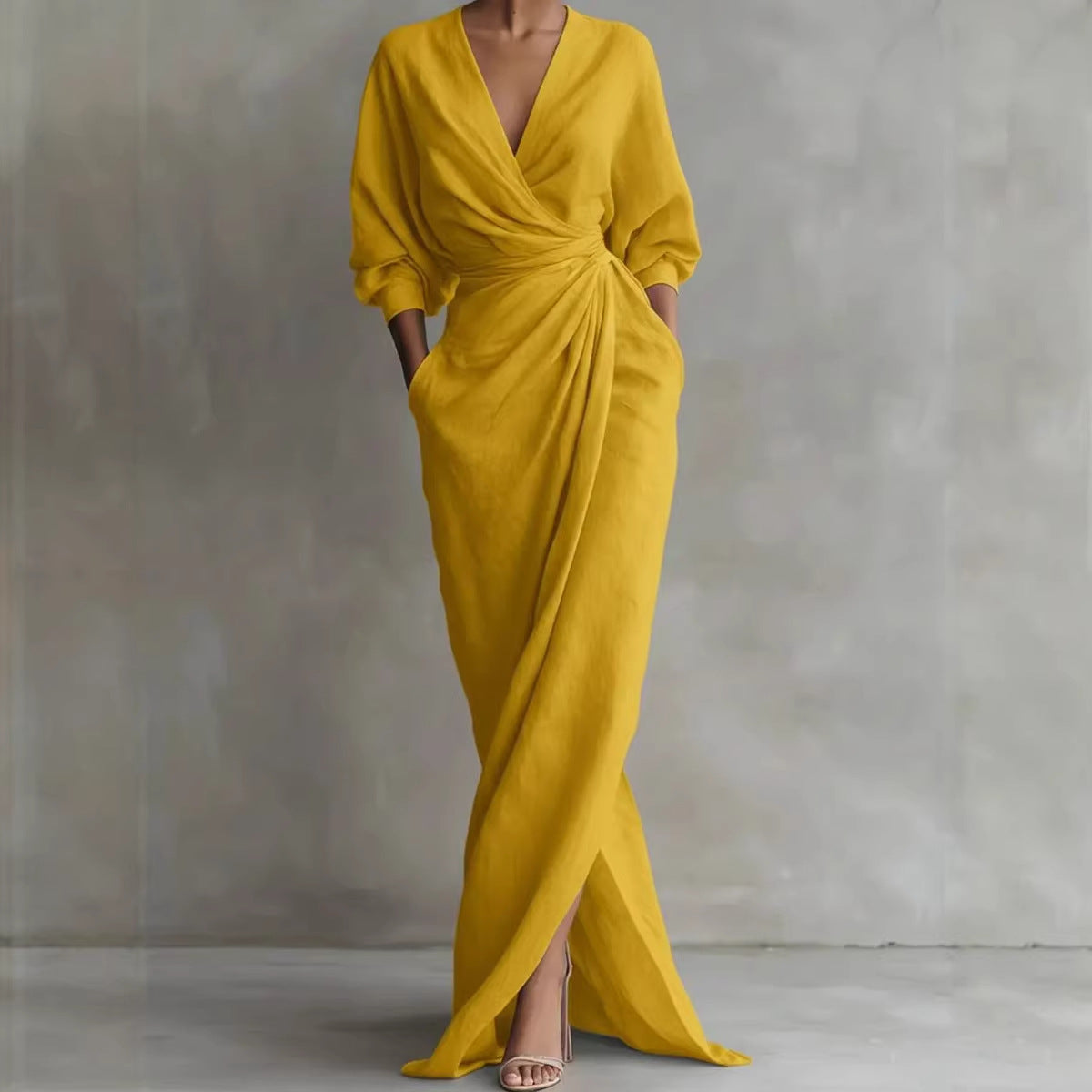 Deep V-Neck Long Sleeve Wrap Ruched High Split Maxi Dress 3