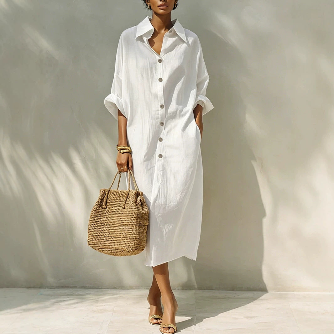 Collared Button Front Batwing Sleeve Oversized Midi Shirt Dress 4