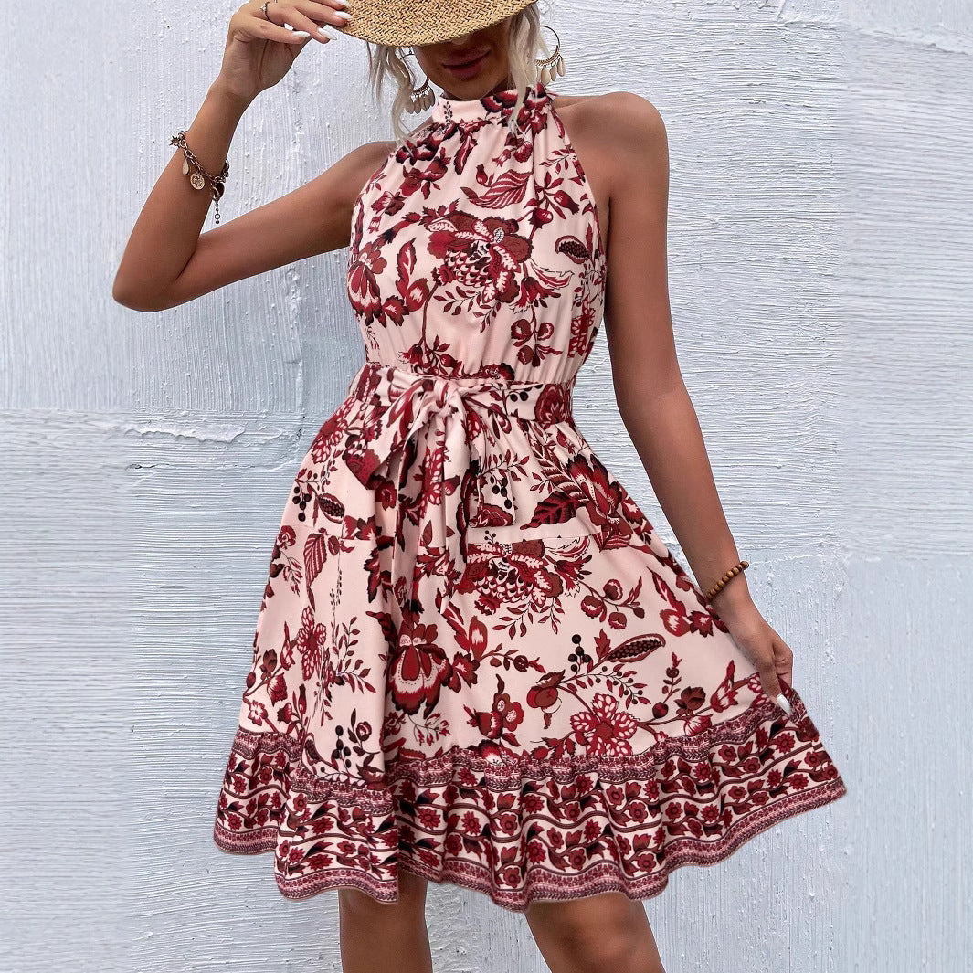 Floral Halter Neck Tiered Ruffle A-Line Summer Mini Dress