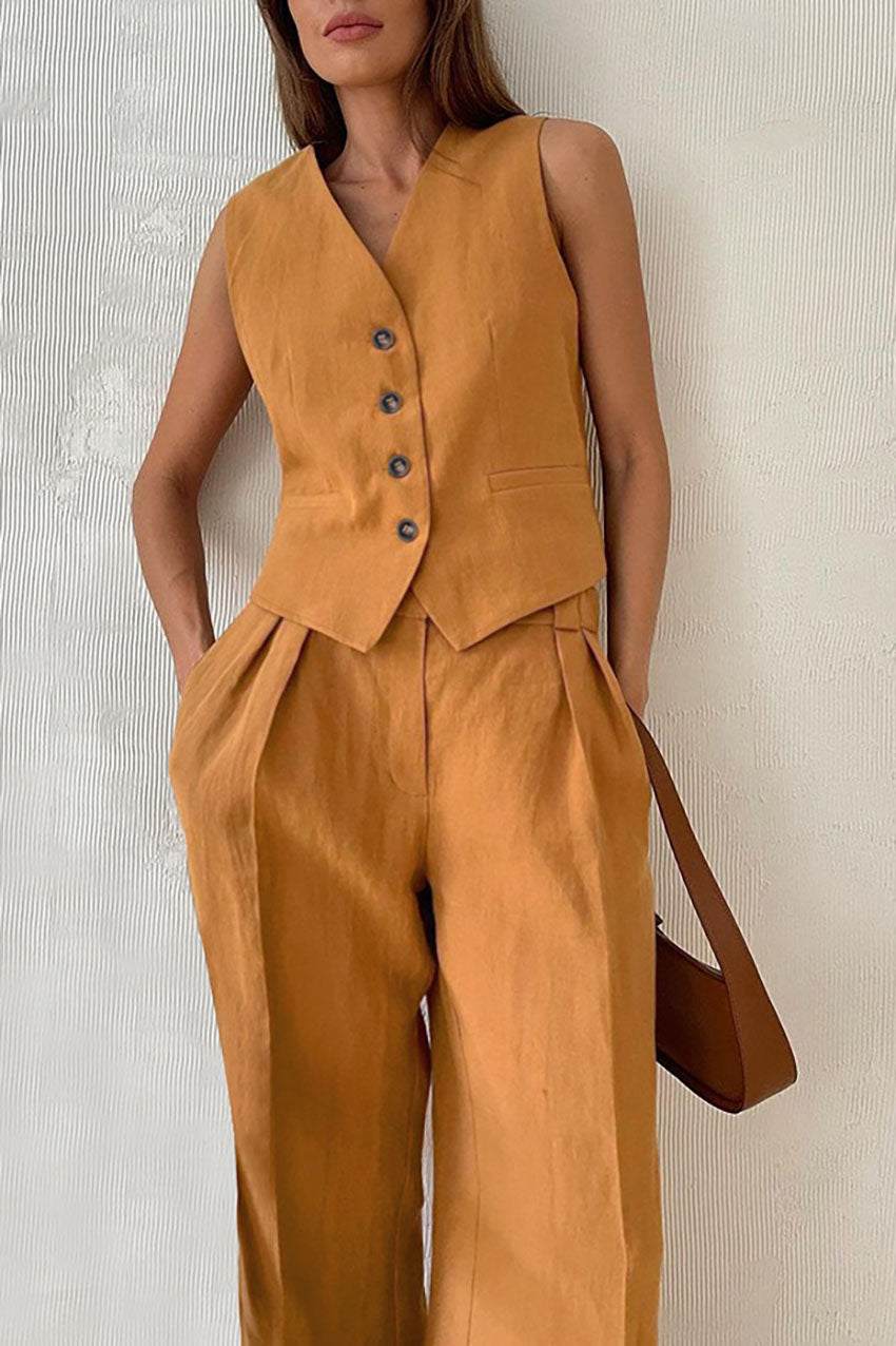 Solid Color Cotton and Linen V-neck Vest Long Pants Set