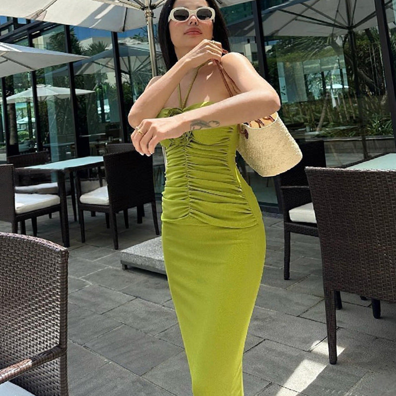 Halter Neck Floral Applique Ruched Side Slit Bodycon Maxi Dress