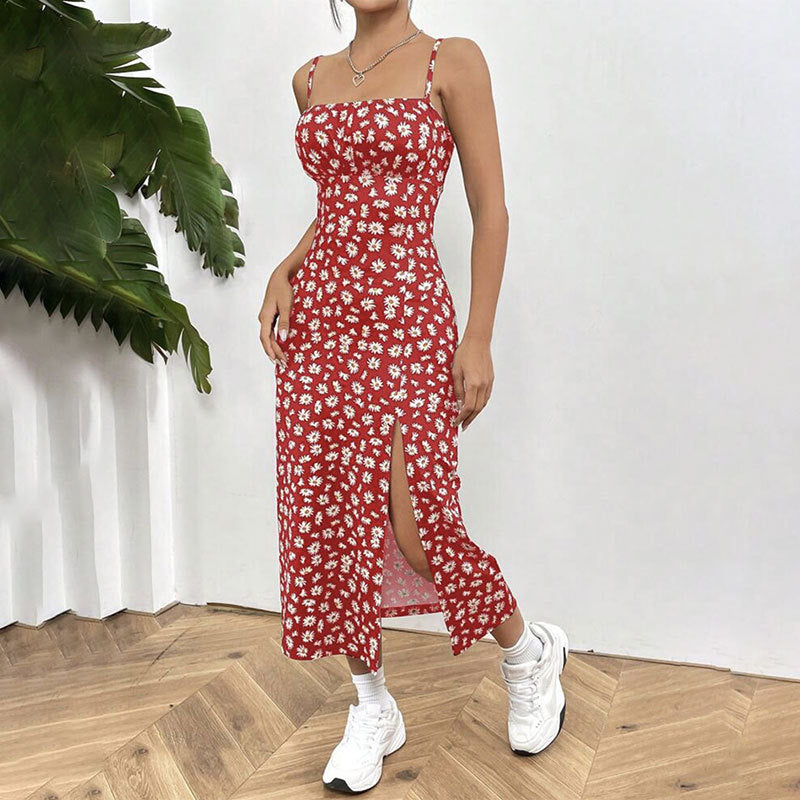 Square Neck Spaghetti Strap Floral High Split Bodycon Midi Dress 3