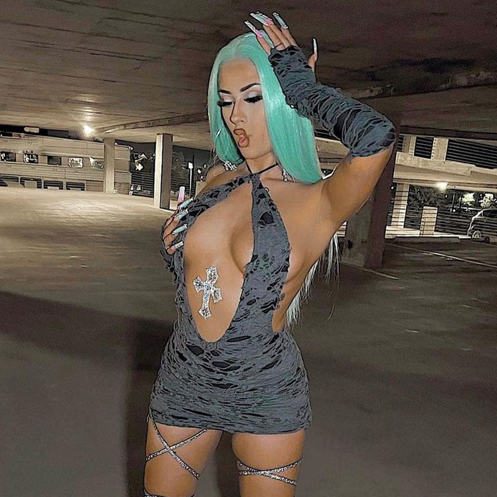 Distressed Ripped Halter Neck Cut Out Backless Bodycon Mini Dress