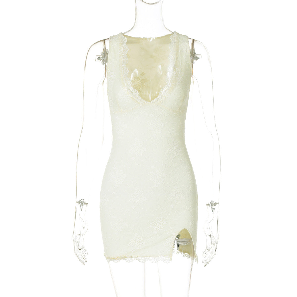 Lace Deep V-Neck Scalloped Trim Sleeveless Side Slit Bodycon Mini Dress 5