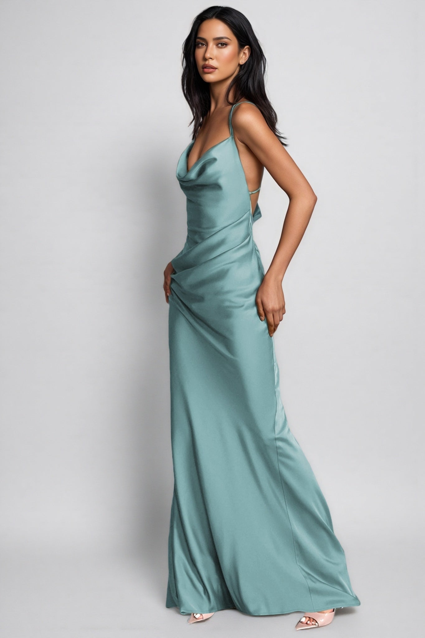 Satin Cowl Neck Spaghetti Strap Ruched Waist Bias Cut Slip Maxi Dress